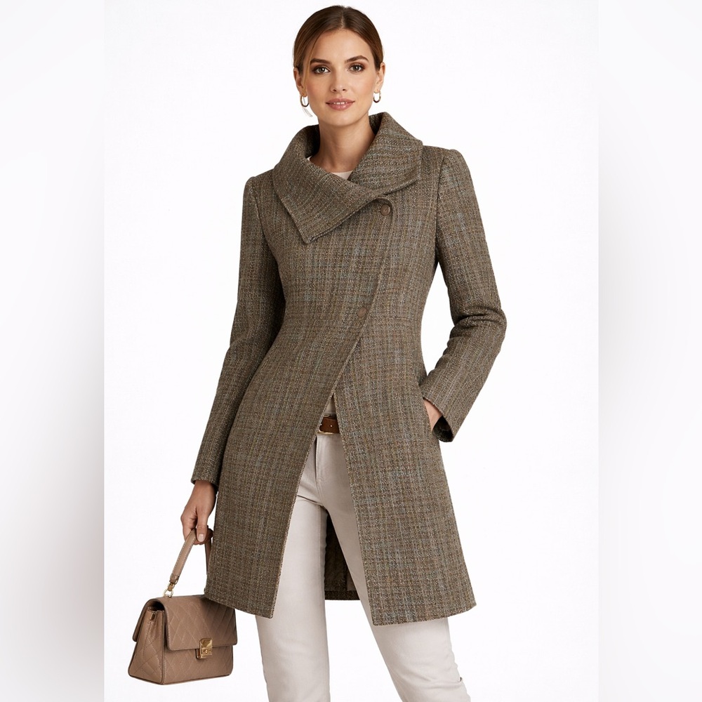 Vintage Nordstrom View Asymmetric‎ Tweed Mid Length Jacket Hidden Buttons Medium